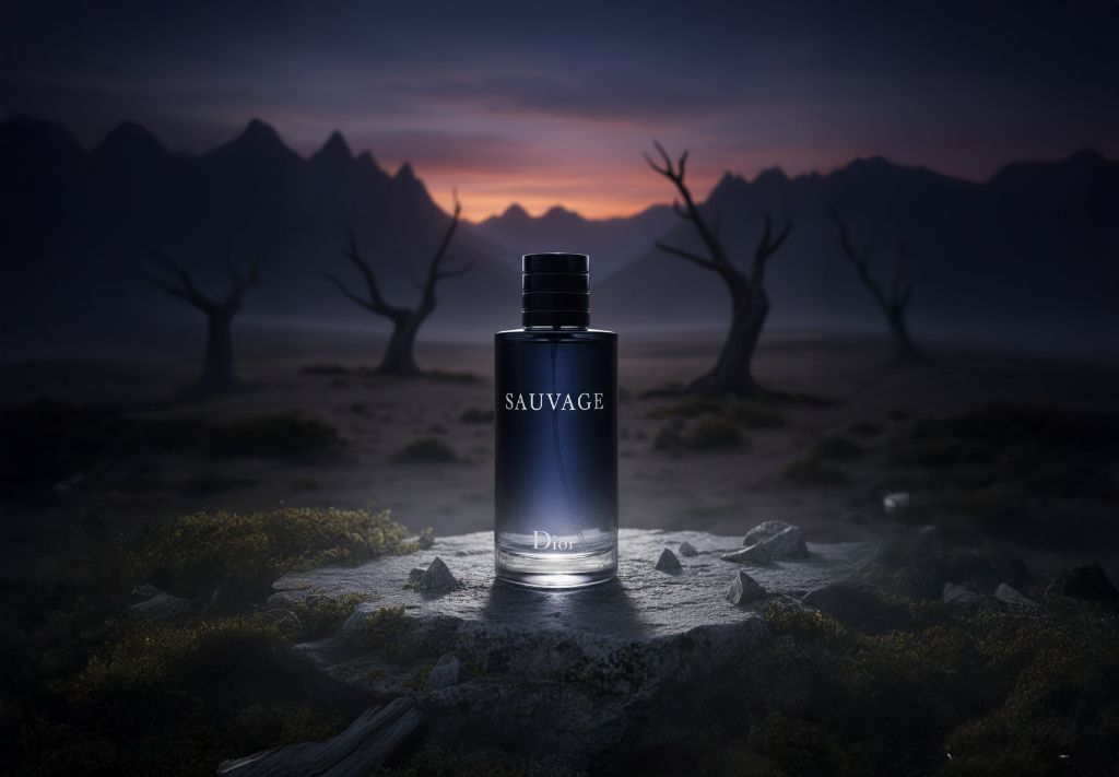 Dior Sauvage (ディオール ソヴァージュ) - 荒野と夕暮れを背景にした香水ボトル