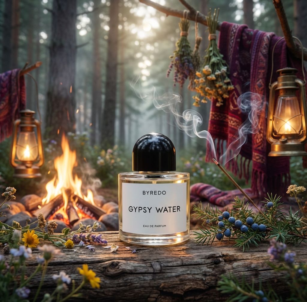 森の焚き火とボヘミアンな装飾に囲まれたバイレード ジプシーウォーターのボトル。ウッディで神秘的な香りの世界観